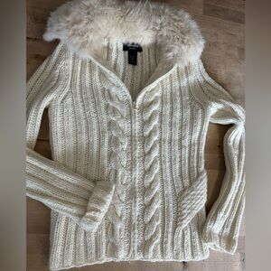Express wool blend Cream Cable Knit Cardigan with Faux Fur Collar